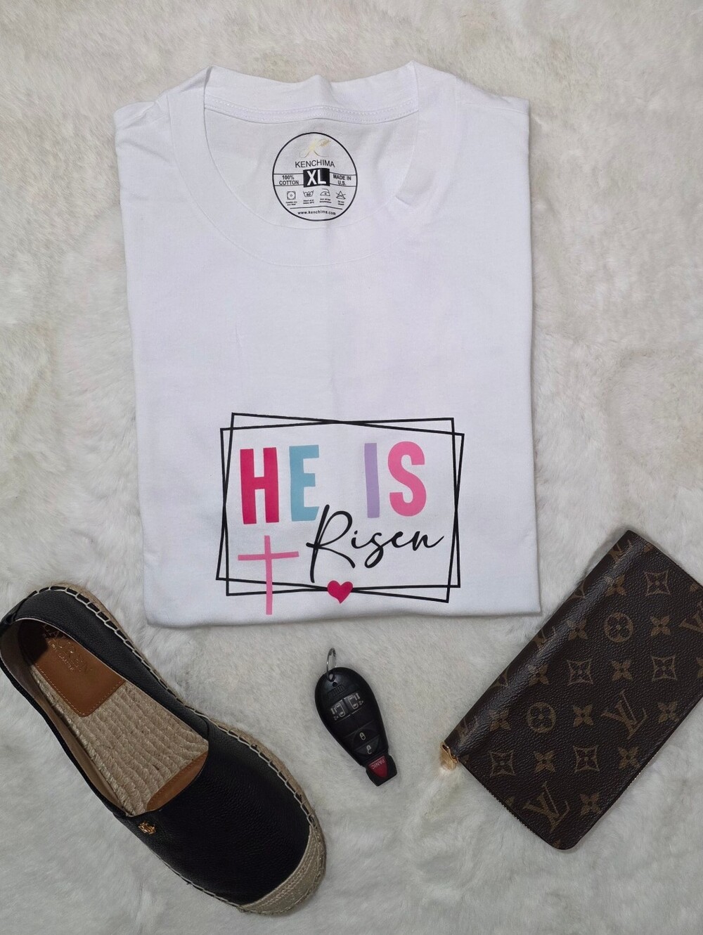 Kenchima "He Is Risen" Easter Christian Graphic Tee White Unisex T-Shirt XL